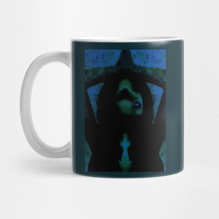 Portrait, digital collage, special processing. Beautiful but dark, like witch, woman. Tale. Blue, green and dim. Mug